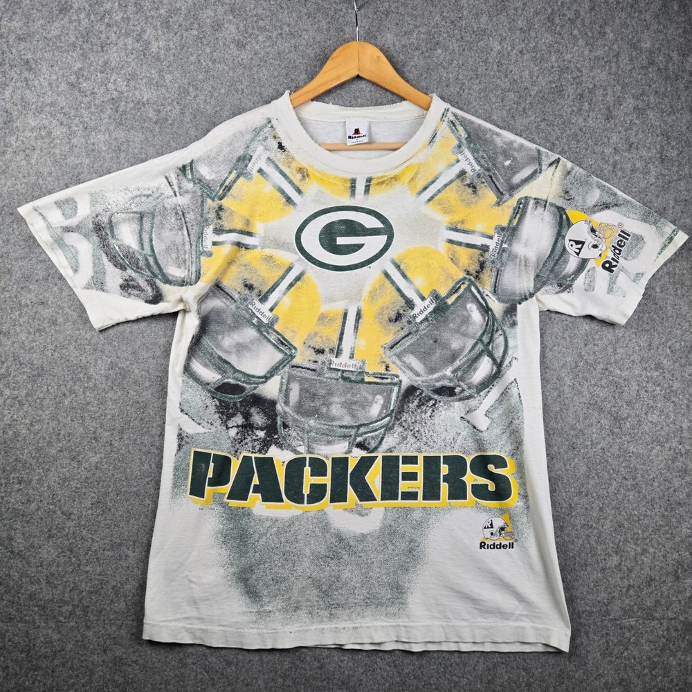 Vintage Green Bay Packers Shirt Mens L White AOP Distressed NFL Riddell 90s